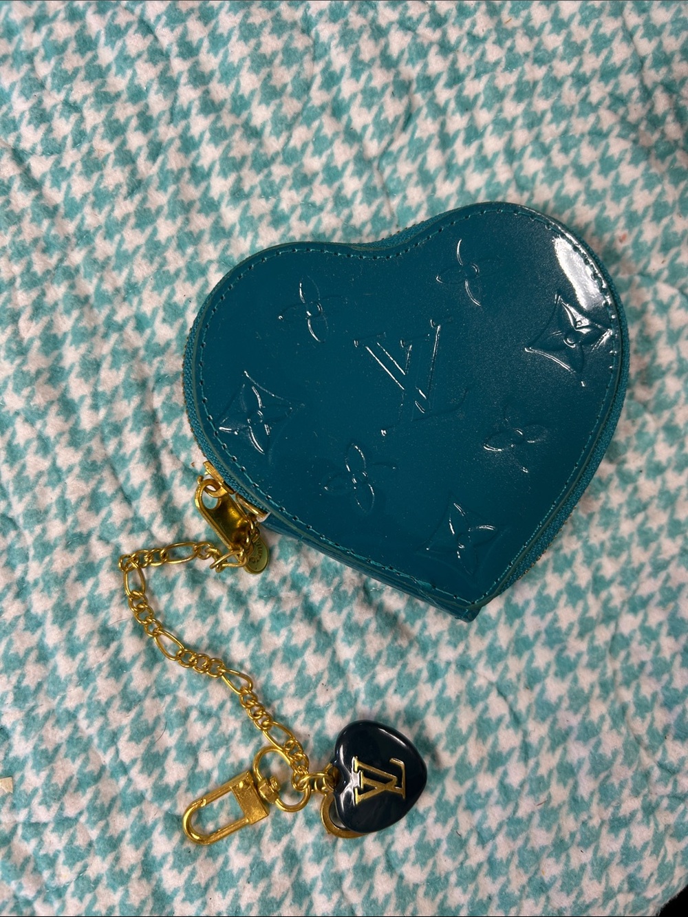 Louis Vuitton Teal Patent Heart Coin Pouch Key Charm